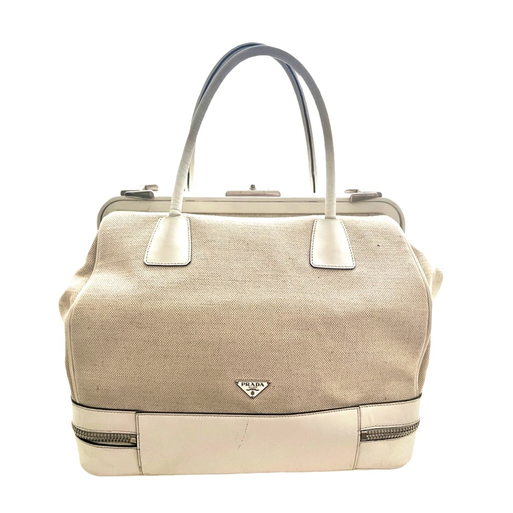 RARE! PRADA Madras Cerniera Doctor Satchel - White Leather Canvas Linen Tote Bag